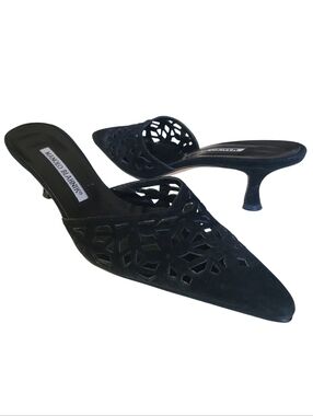 MANOLO BLAHNIK Black Lazer Cut Out Suede Kitten Heel Iconic Mule Slide 36.5